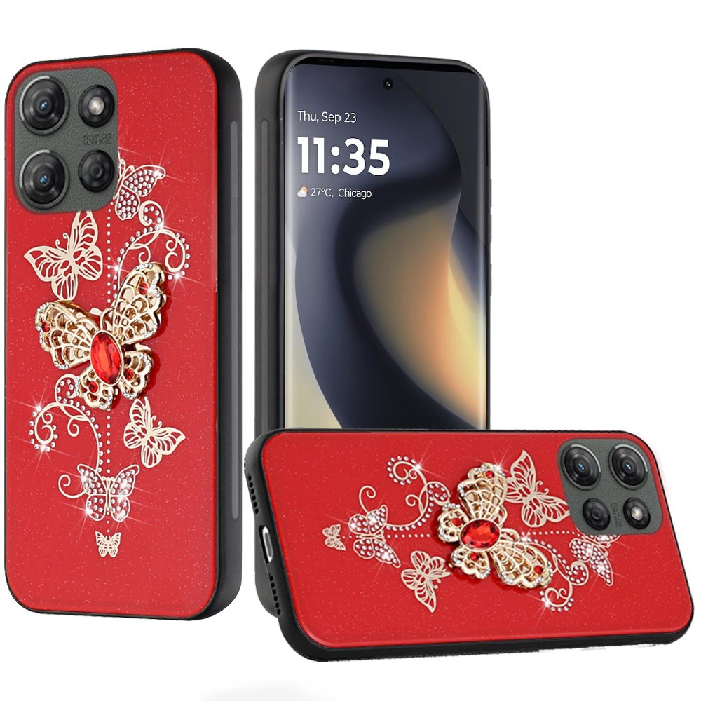 for motorola edge 2025 splendid diamond glitter ornaments engraving case cover garden butterflies red
