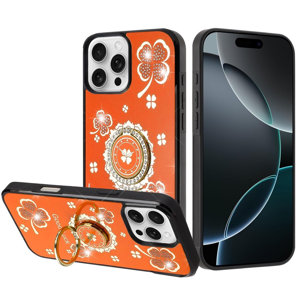 for iphone 16 pro max 6.9 inch splendid diamond glitter ornaments engraving case cover good luck floral cosmic orange