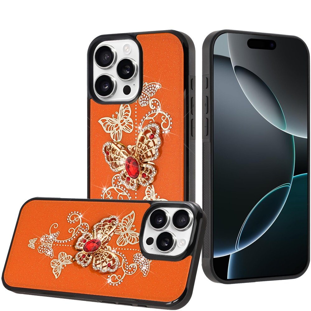 for iphone 16 pro max 6.9 inch splendid diamond glitter ornaments engraving case cover garden butterflies cosmic orange