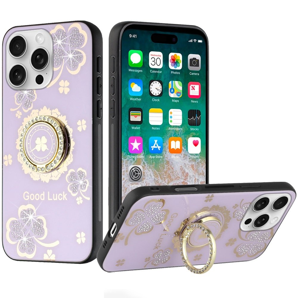 for iphone 16 pro max 6.9 inch splendid diamond glitter ornaments engraving case cover good luck floral purple