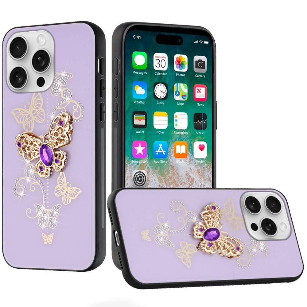 for iphone 16 pro max 6.9 inch splendid diamond glitter ornaments engraving case cover garden butterflies purple