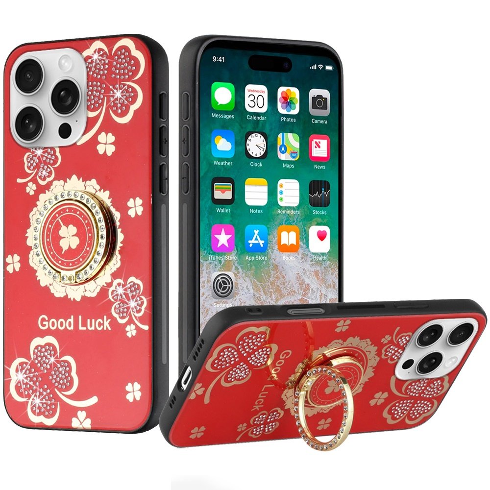 for iphone 16 pro max 6.9 inch splendid diamond glitter ornaments engraving case cover good luck floral red
