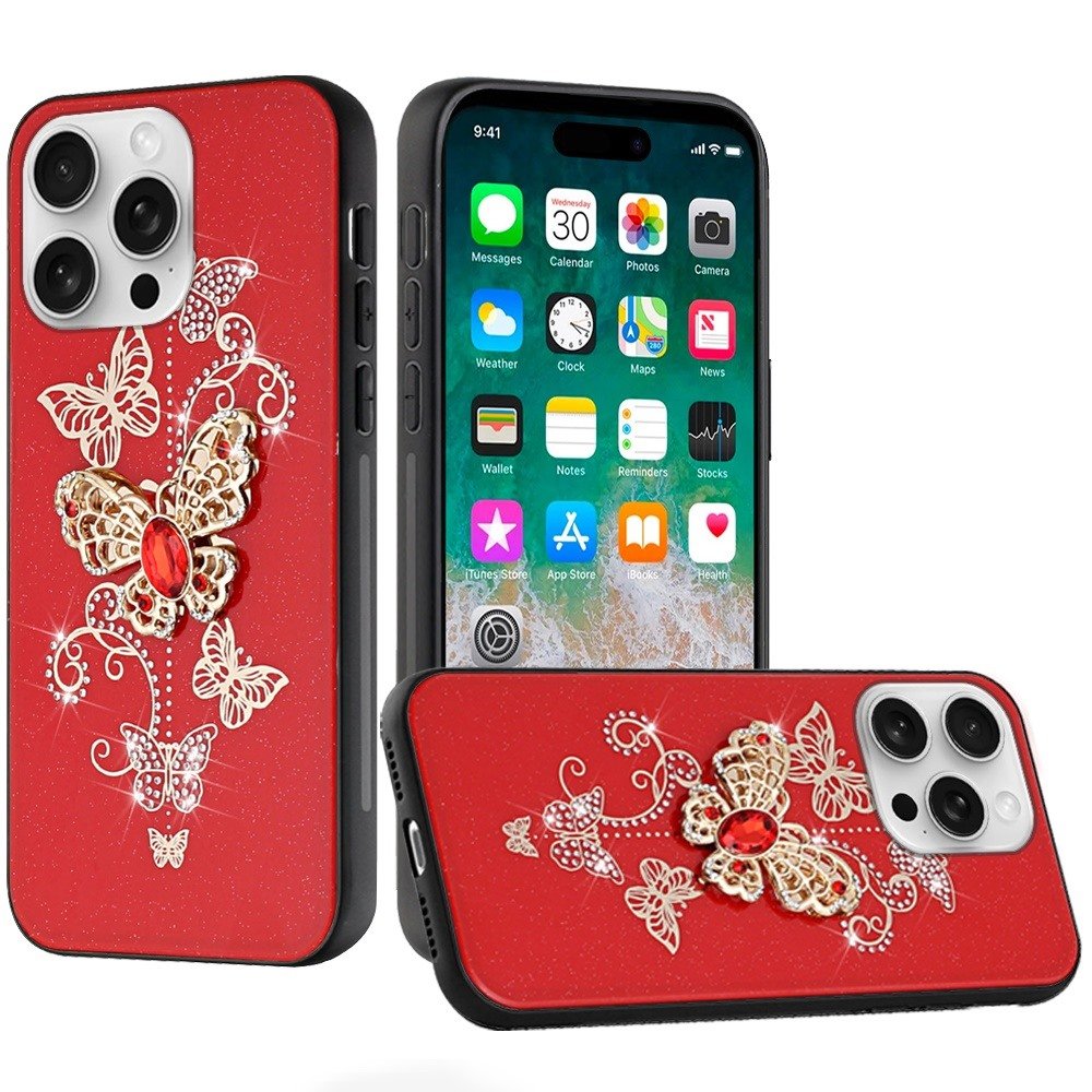 for iphone 16 pro max 6.9 inch splendid diamond glitter ornaments engraving case cover garden butterflies red