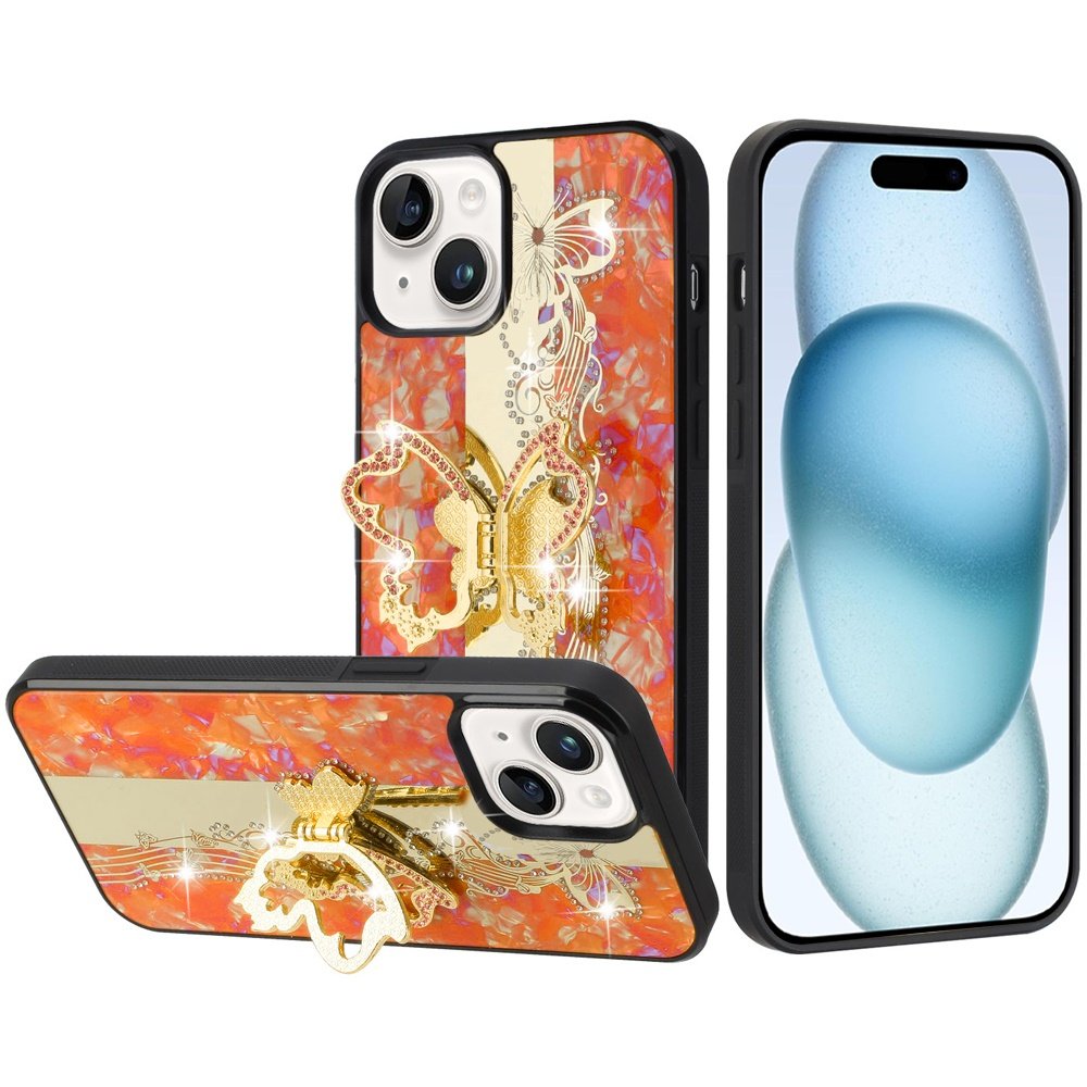 for iphone 15 plus/iphone 14 plus splendid diamond glitter ornaments engraving case cover enchanted butterfly cosmic orange
