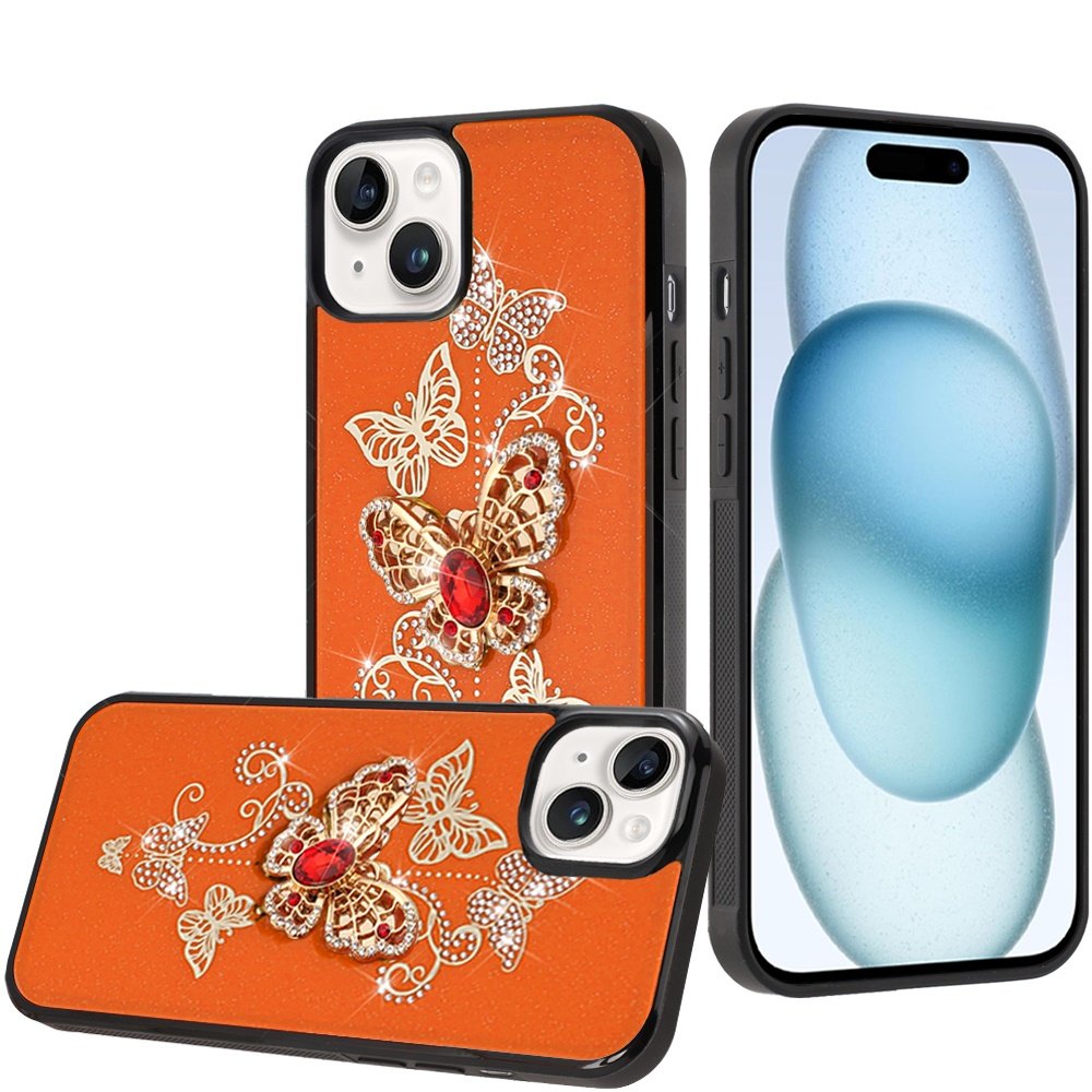 for iphone 15 plus/iphone 14 plus splendid diamond glitter ornaments engraving case cover garden butterflies cosmic orange