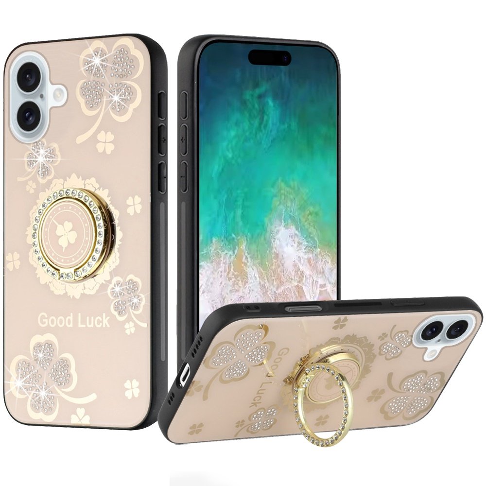 for iphone 16 plus 6.7 inch splendid diamond glitter ornaments engraving case cover good luck floral gold