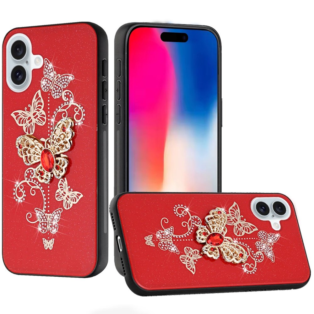 for iphone 16 plus 6.7 inch splendid diamond glitter ornaments engraving case cover garden butterflies gold