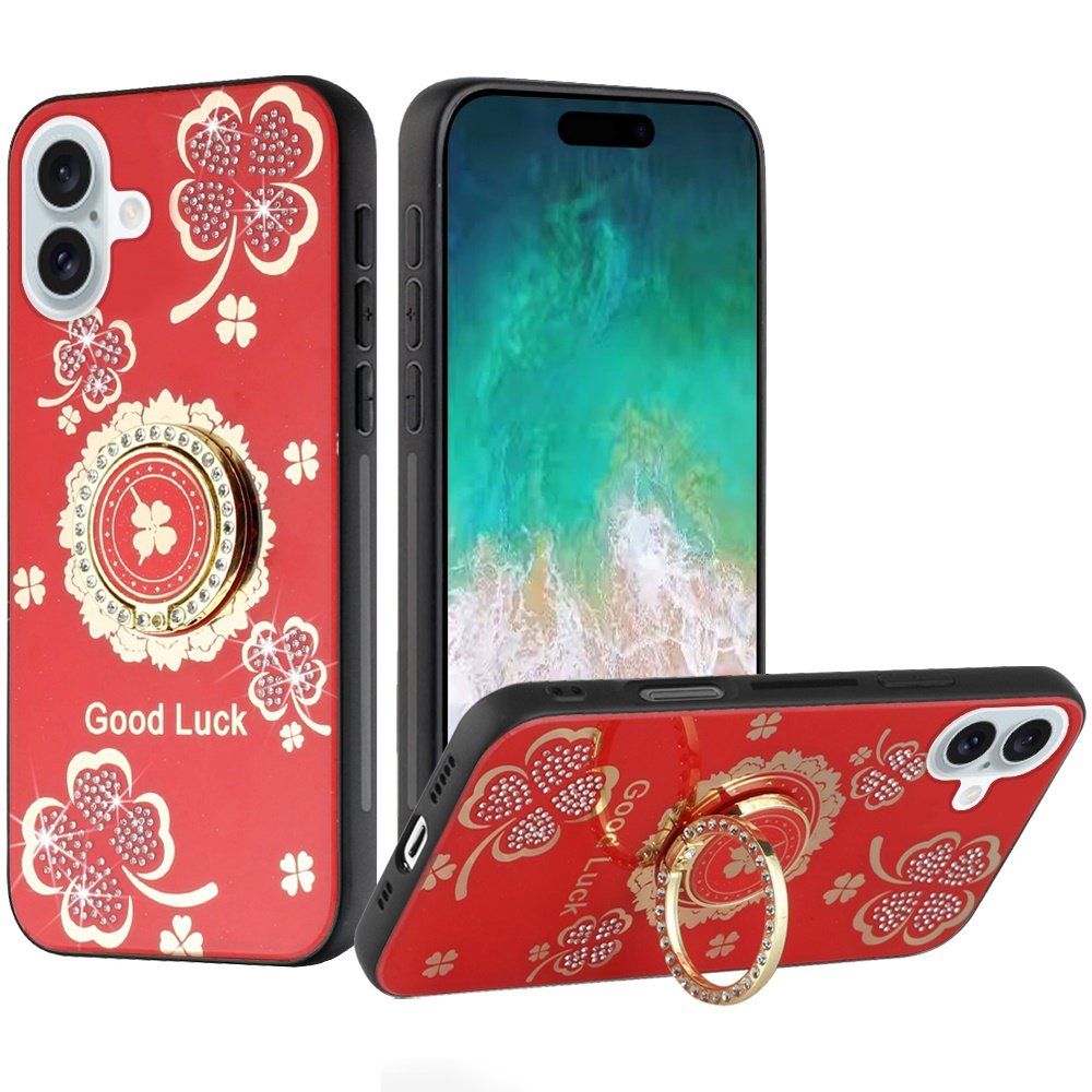 for iphone 16 plus 6.7 inch splendid diamond glitter ornaments engraving case cover good luck floral red