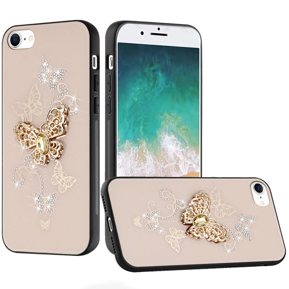 for iphone 17e / 16e / se4 splendid diamond glitter ornaments engraving case cover garden butterflies gold