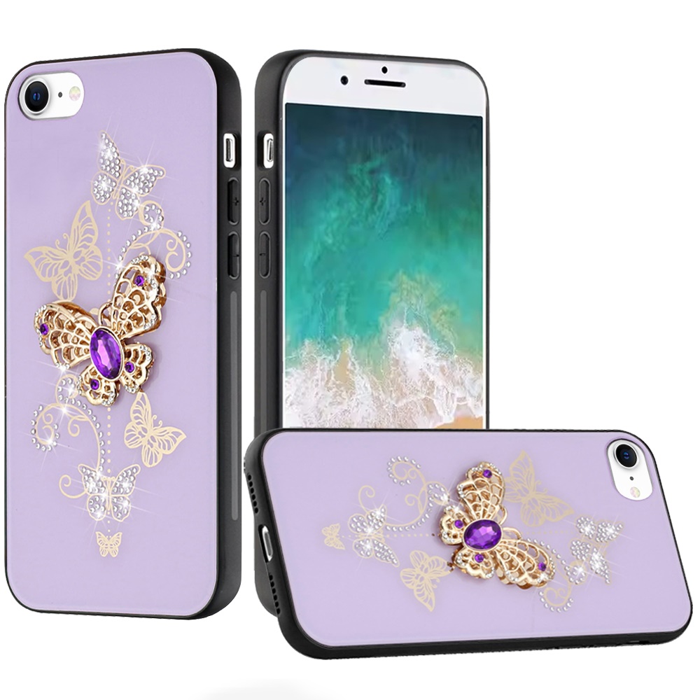 for iphone 17e / 16e / se4 splendid diamond glitter ornaments engraving case cover garden butterflies purple