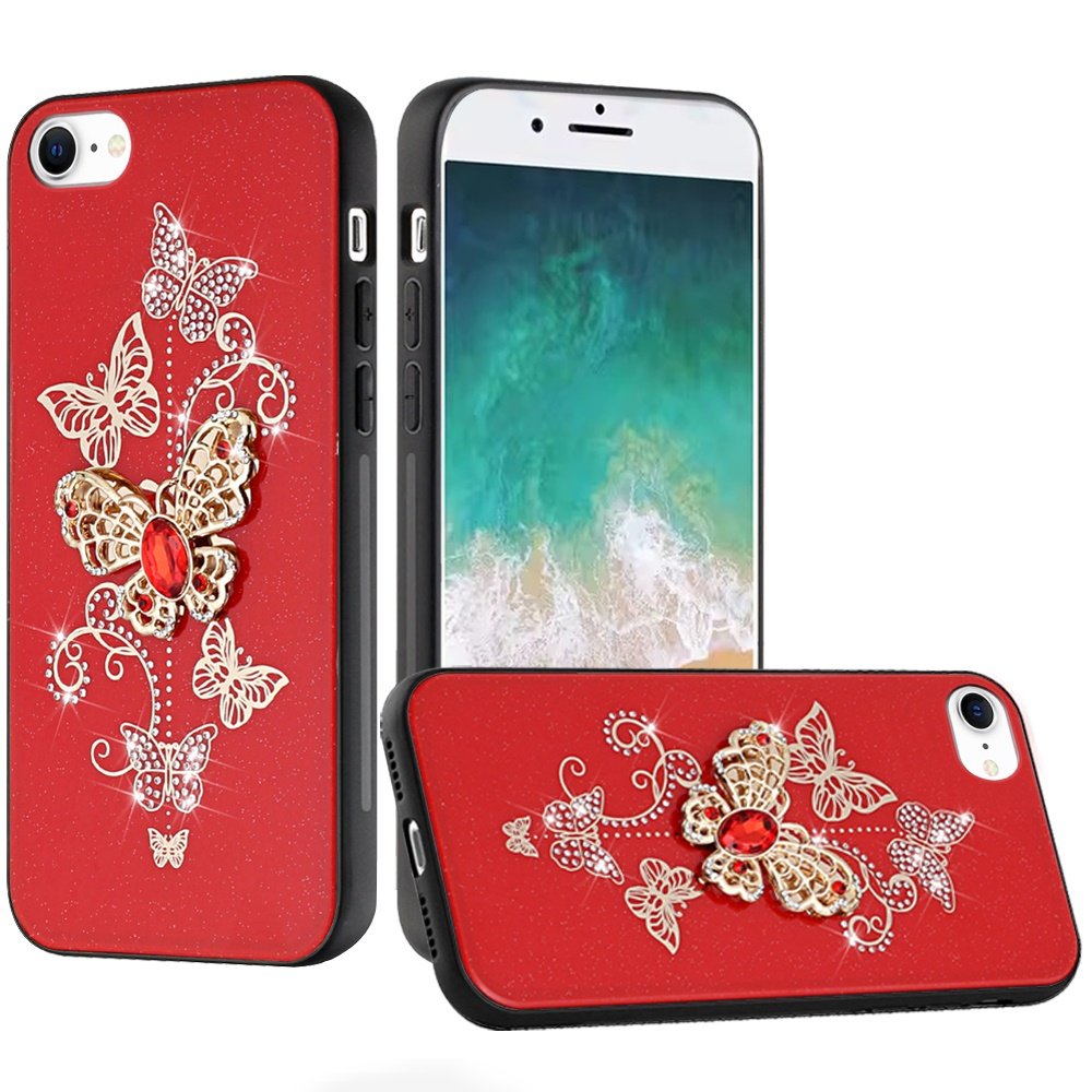 for iphone 17e / 16e / se4 splendid diamond glitter ornaments engraving case cover garden butterflies red