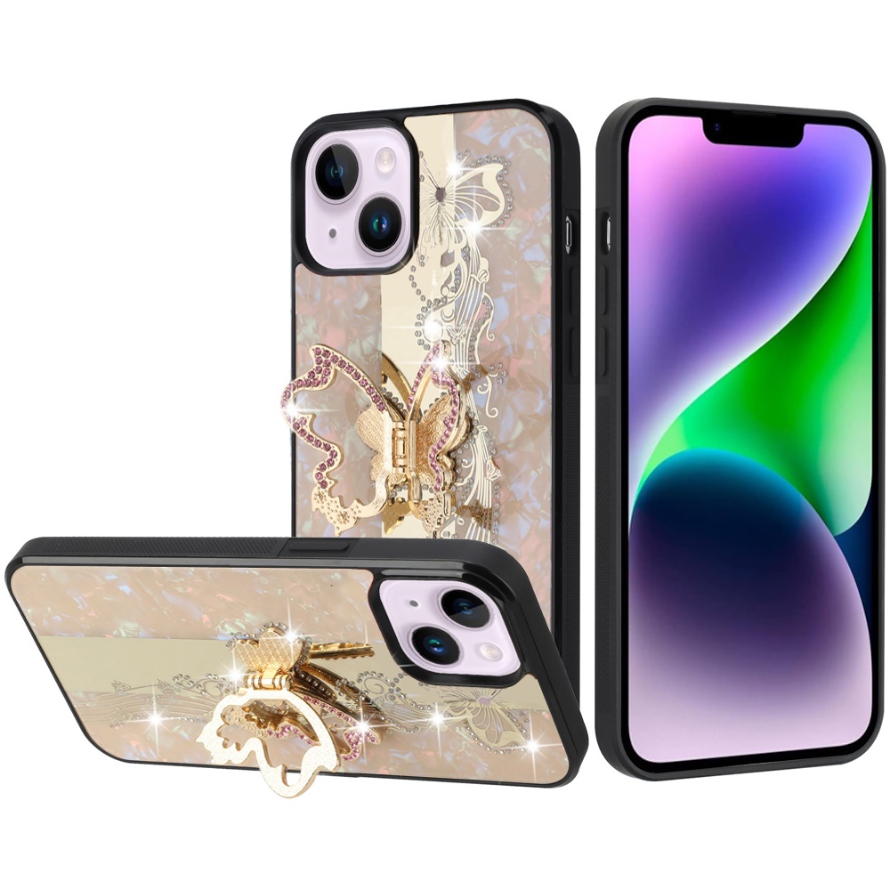 for iphone 14/iphone 13 splendid diamond glitter ornaments engraving case cover enchanted butterfly gold