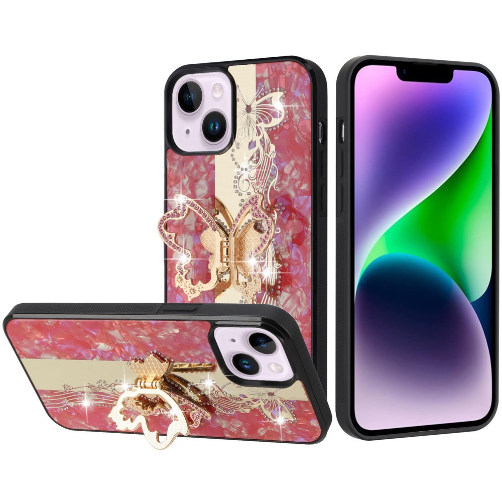 for iphone 14/iphone 13 splendid diamond glitter ornaments engraving case cover enchanted butterfly red
