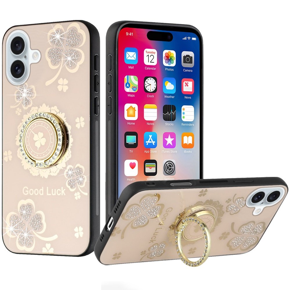 for iphone 16 6.1 inch splendid diamond glitter ornaments engraving case cover good luck floral gold