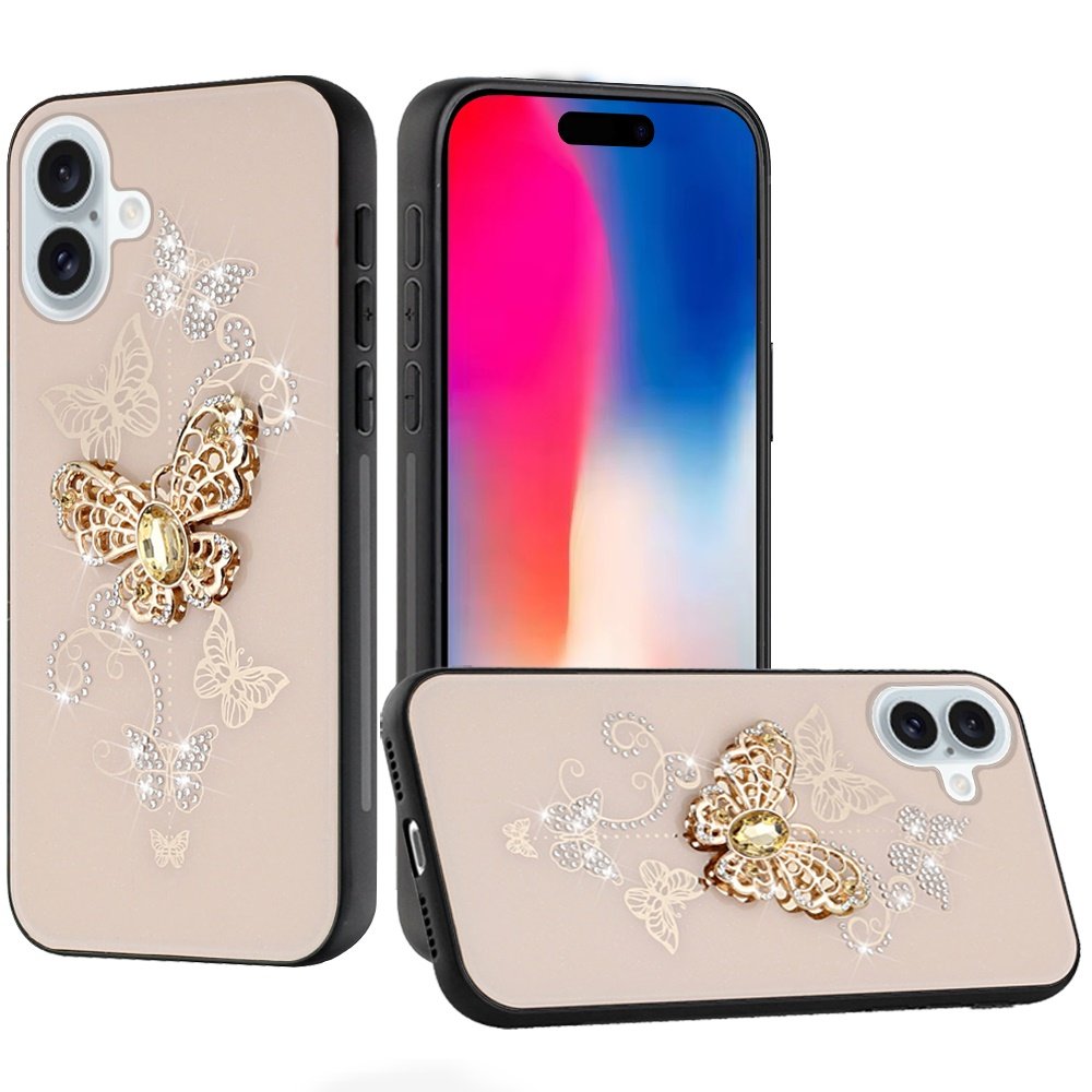for iphone 16 6.1 inch splendid diamond glitter ornaments engraving case cover garden butterflies gold