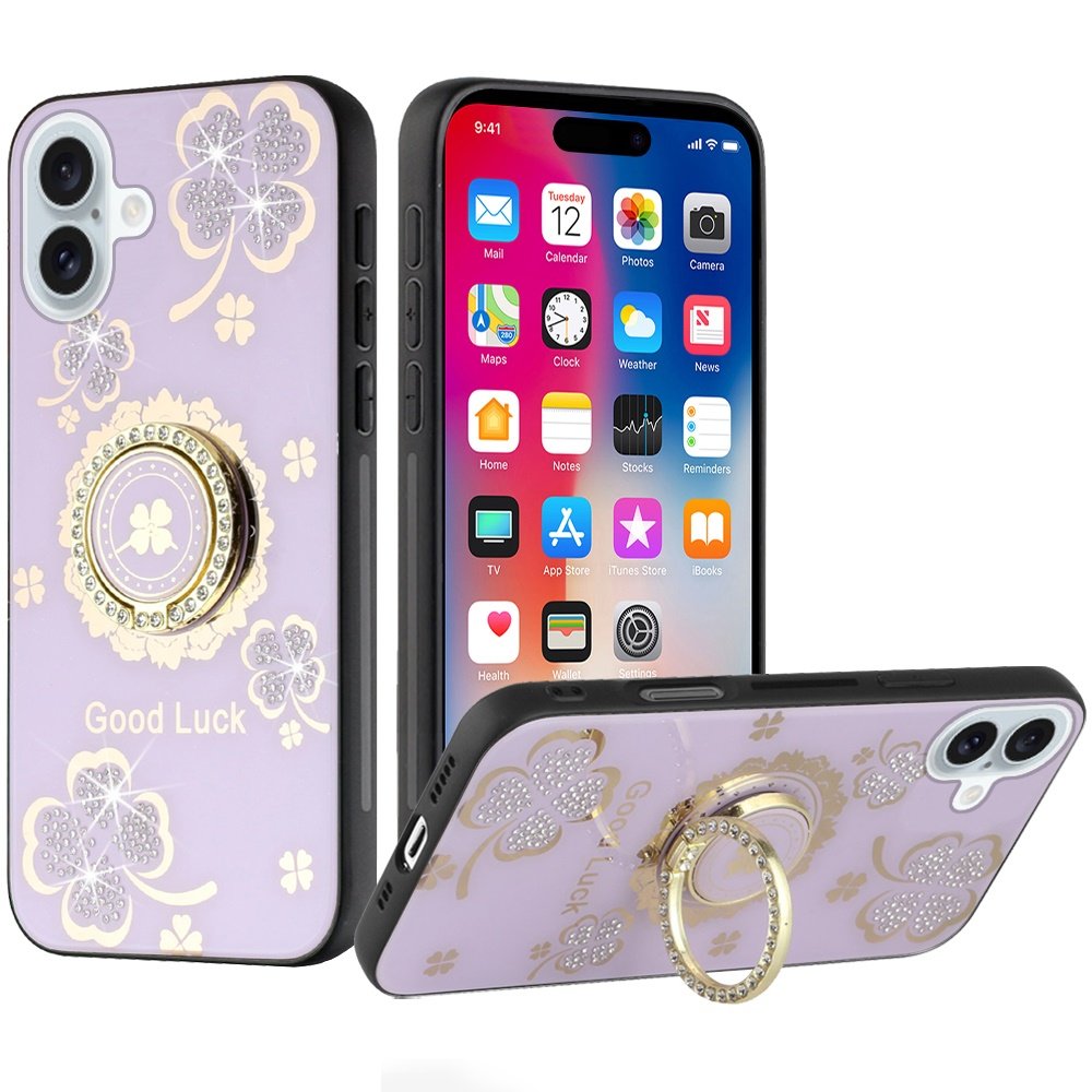 for iphone 16 6.1 inch splendid diamond glitter ornaments engraving case cover good luck floral purple