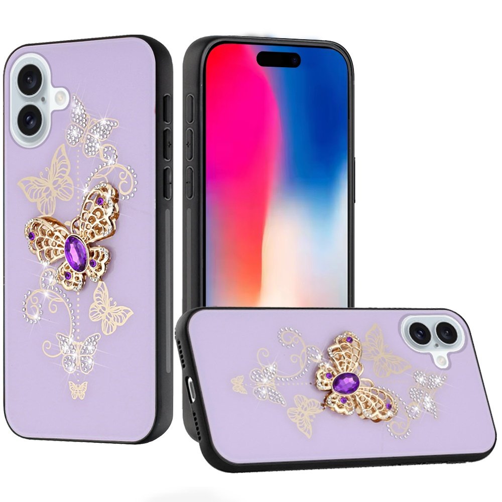 for iphone 16 6.1 inch splendid diamond glitter ornaments engraving case cover garden butterflies purple