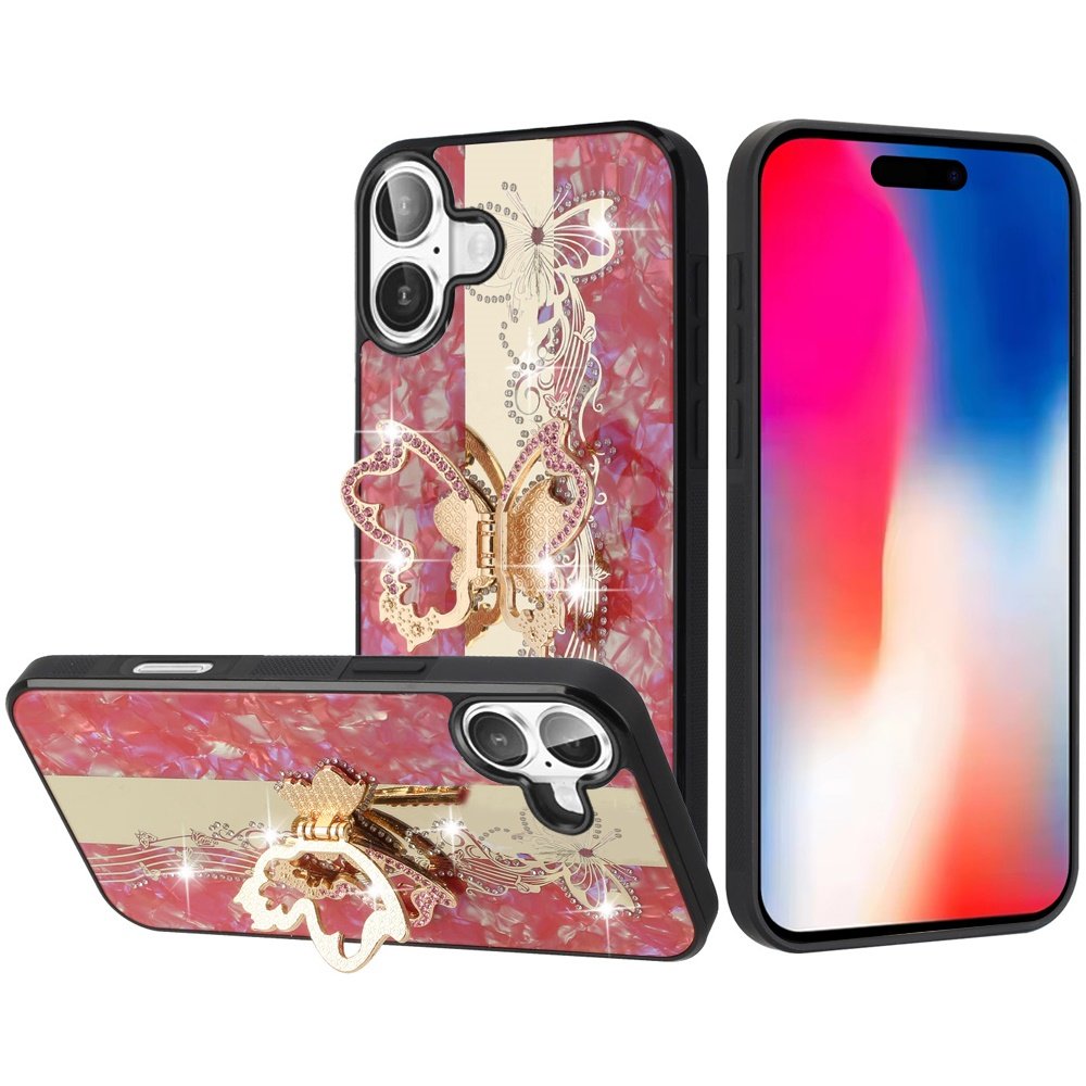 for iphone 16 6.1 inch splendid diamond glitter ornaments engraving case cover enchanted butterfly red
