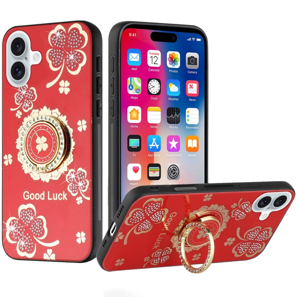 for iphone 16 6.1 inch splendid diamond glitter ornaments engraving case cover good luck floral red