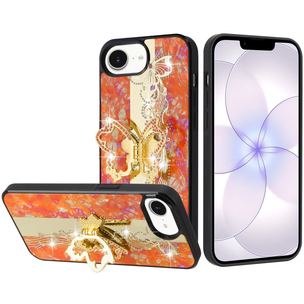for iphone 16e (e edition) / se4 (2025) splendid diamond glitter ornaments engraving case cover enchanted butterfly cosmic orange