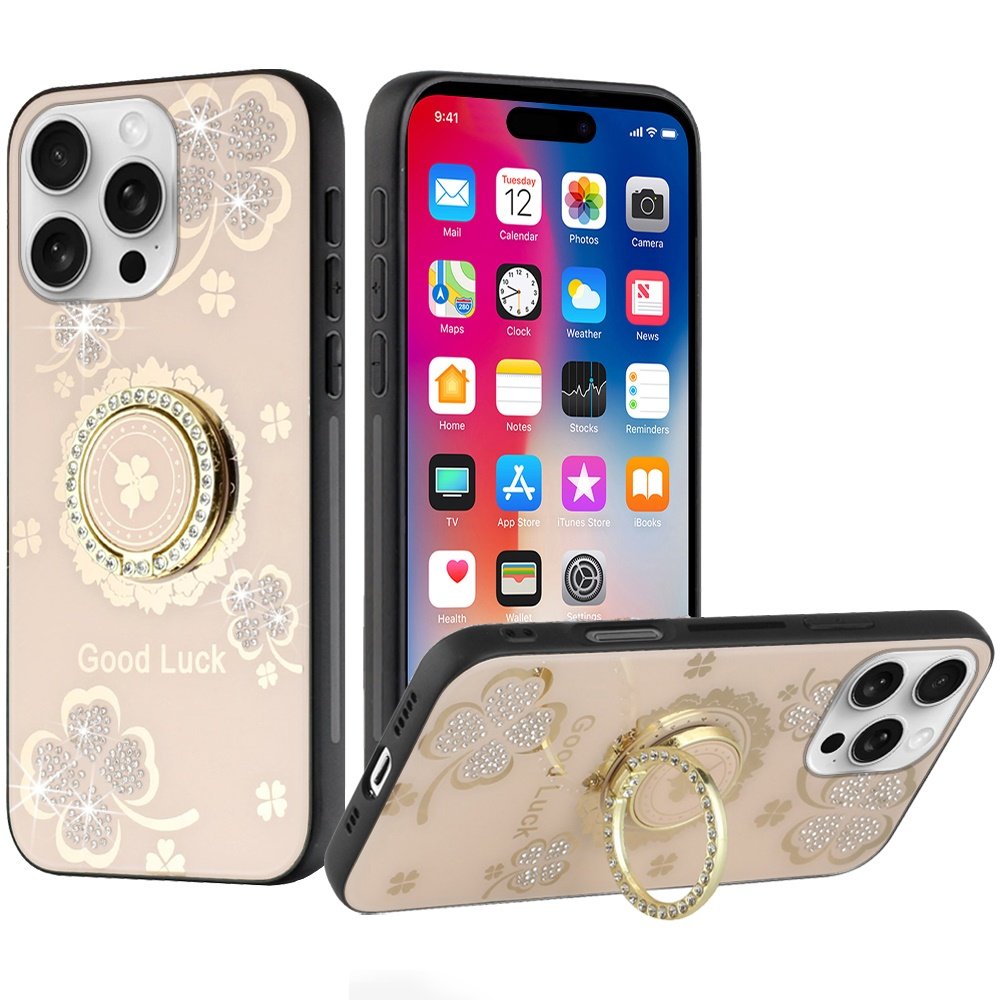 for iphone 16 pro 6.3 inch splendid diamond glitter ornaments engraving case cover good luck floral gold