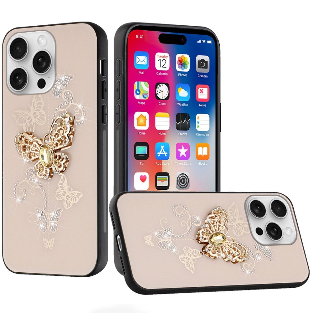 for iphone 16 pro 6.3 inch splendid diamond glitter ornaments engraving case cover garden butterflies gold