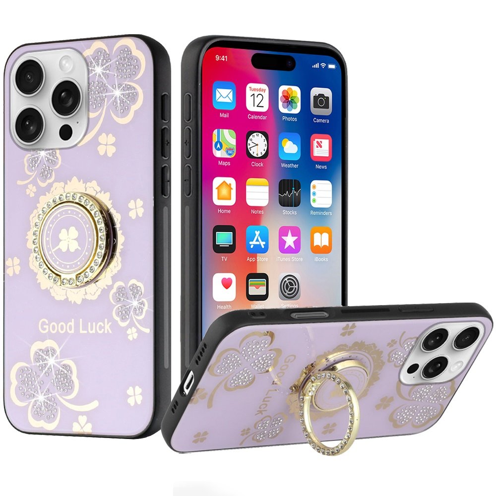 for iphone 16 pro 6.3 inch splendid diamond glitter ornaments engraving case cover good luck floral purple