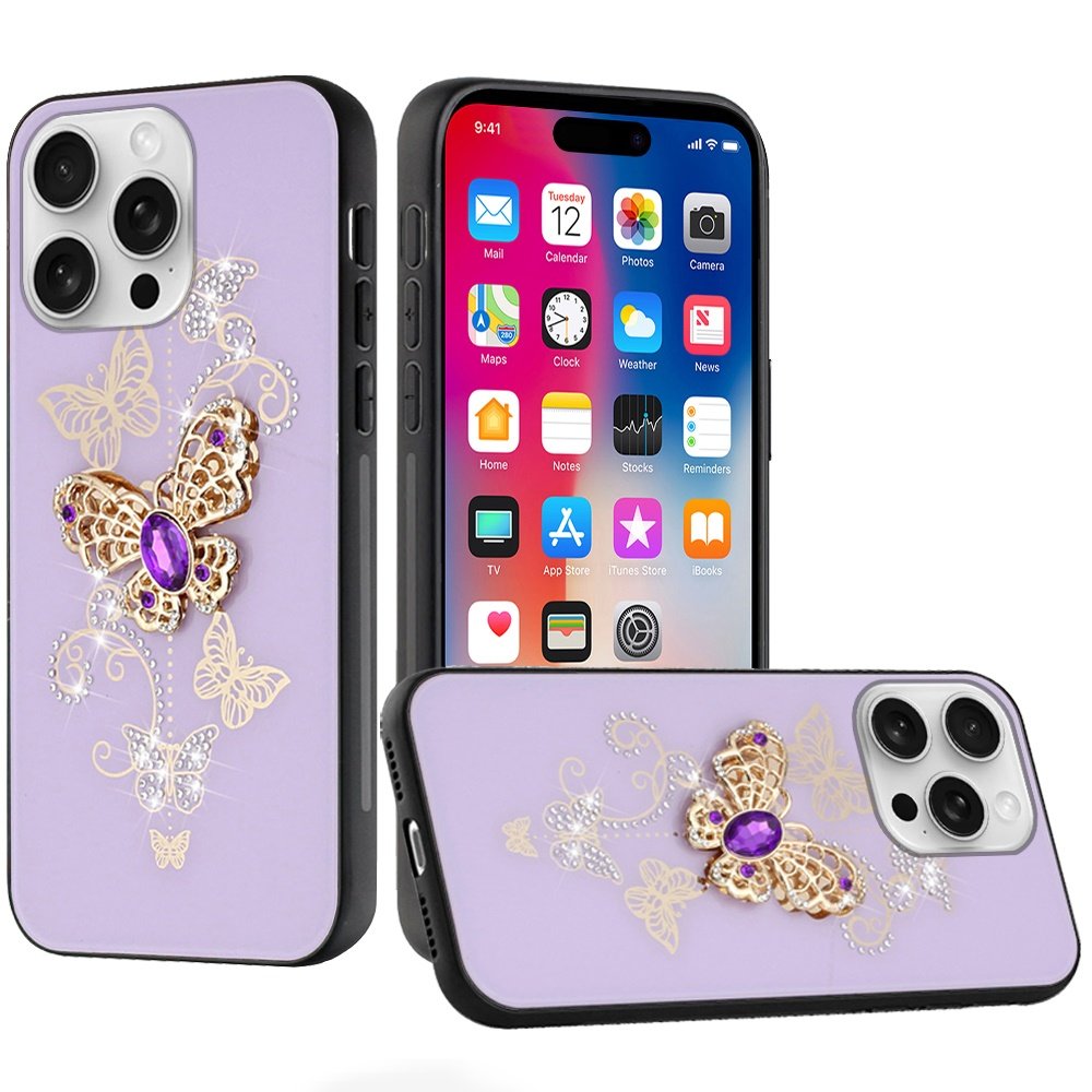 for iphone 16 pro 6.3 inch splendid diamond glitter ornaments engraving case cover garden butterflies purple