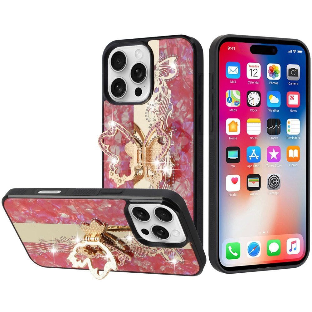 for iphone 16 pro 6.3 inch splendid diamond glitter ornaments engraving case cover enchanted butterfly red
