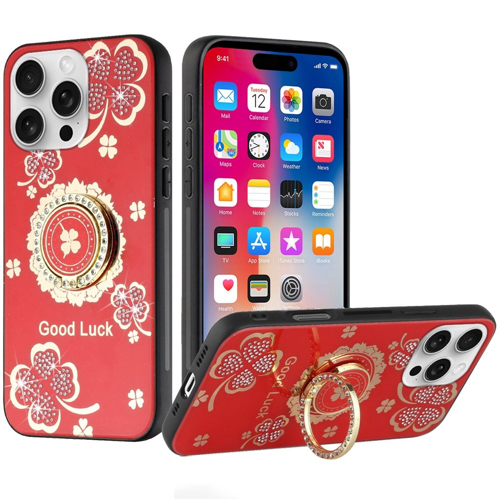 for iphone 16 pro 6.3 inch splendid diamond glitter ornaments engraving case cover good luck floral red