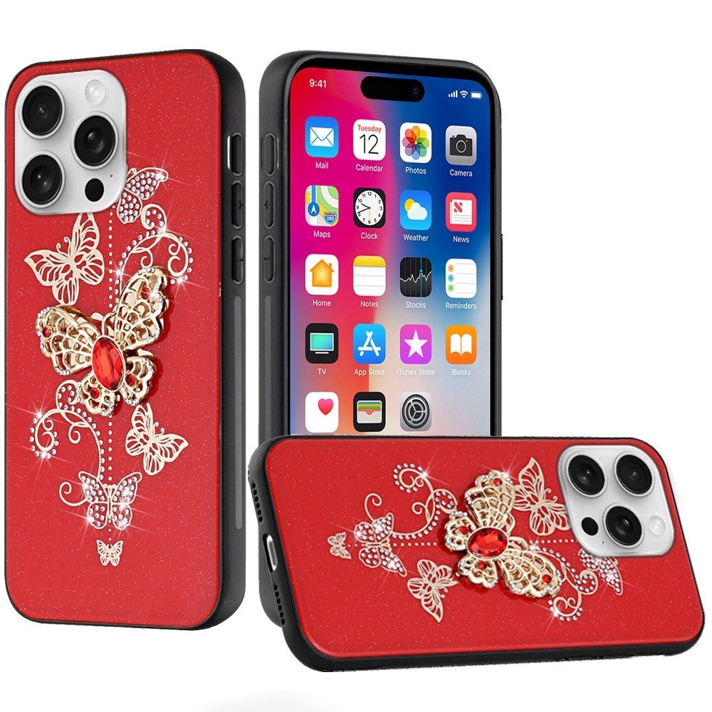 for iphone 16 pro 6.3 inch splendid diamond glitter ornaments engraving case cover garden butterflies red