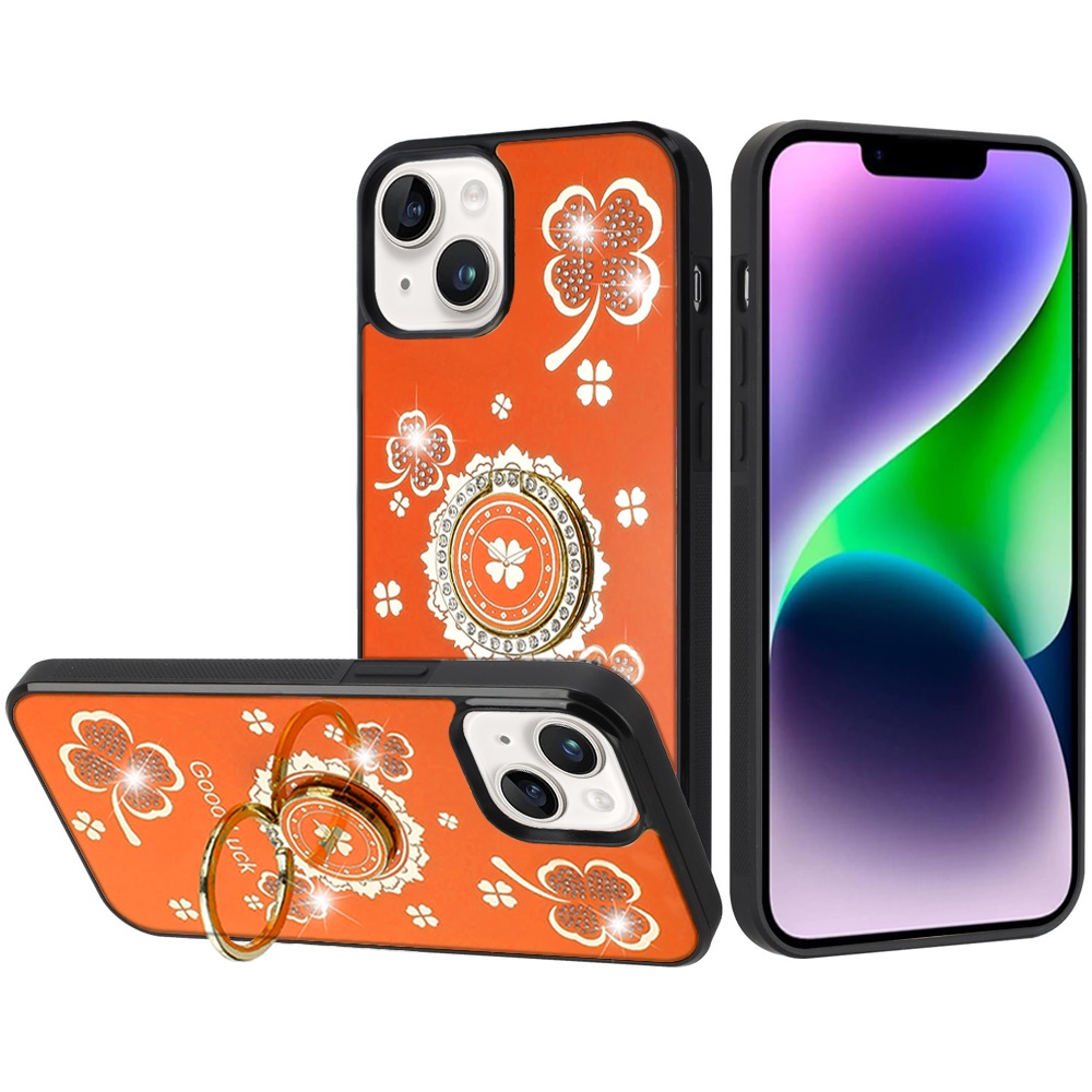 for iphone 13/14 splendid diamond glitter ornaments engraving case cover good luck floral cosmic orange