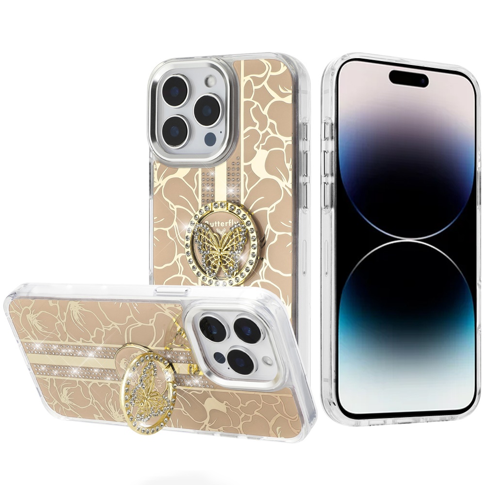 for iphone 14 pro max 6.7" splendid floral designs with metal camera and buttons with butterfly ring stand hybrid case gold