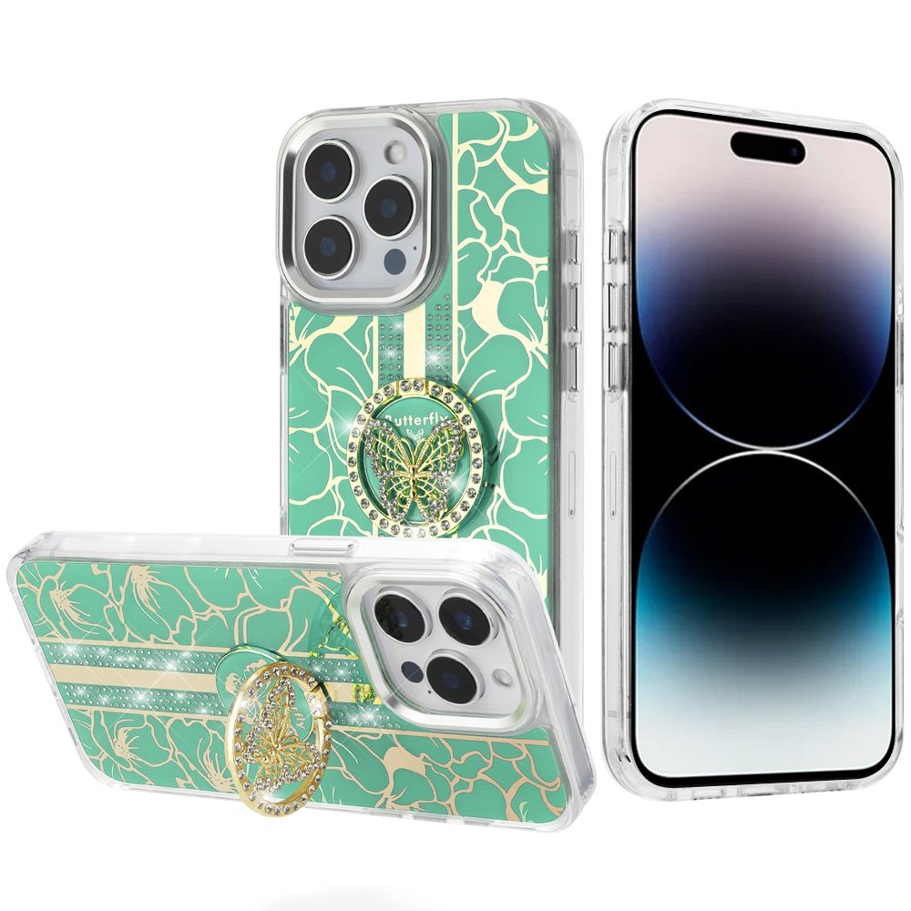 for iphone 14 pro max 6.7" splendid floral designs with metal camera and buttons with butterfly ring stand hybrid case light green