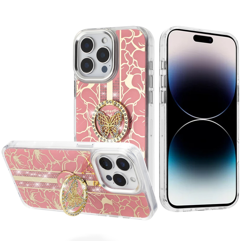 for iphone 14 pro max 6.7" splendid floral designs with metal camera and buttons with butterfly ring stand hybrid case light pink