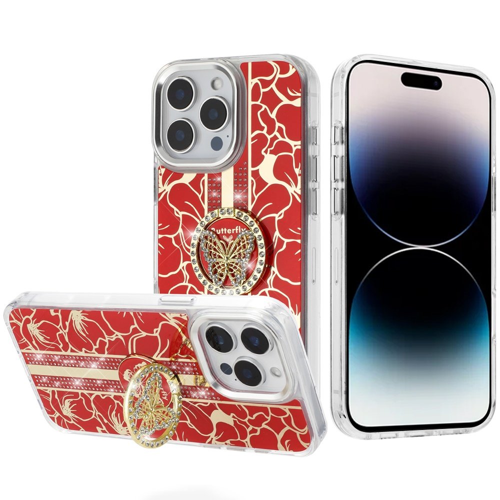 for iphone 14 pro max 6.7" splendid floral designs with metal camera and buttons with butterfly ring stand hybrid case red