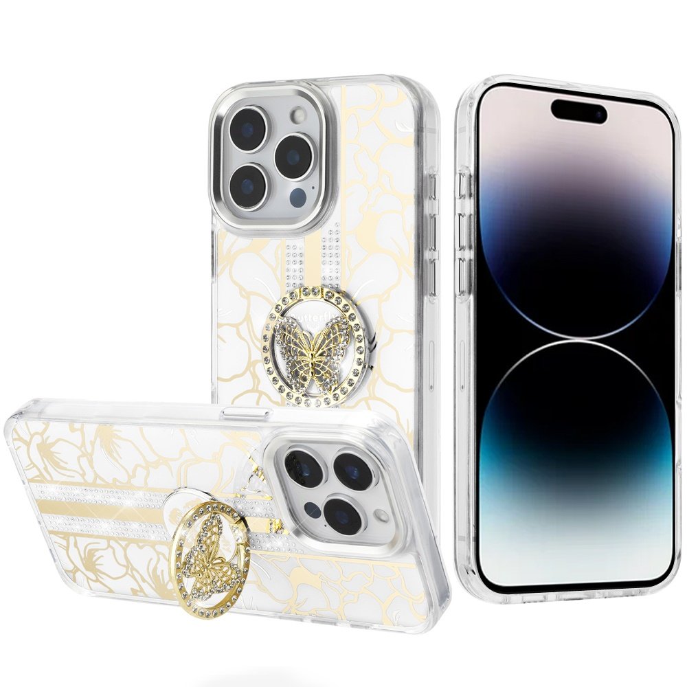 for iphone 14 pro max 6.7" splendid floral designs with metal camera and buttons with butterfly ring stand hybrid case white