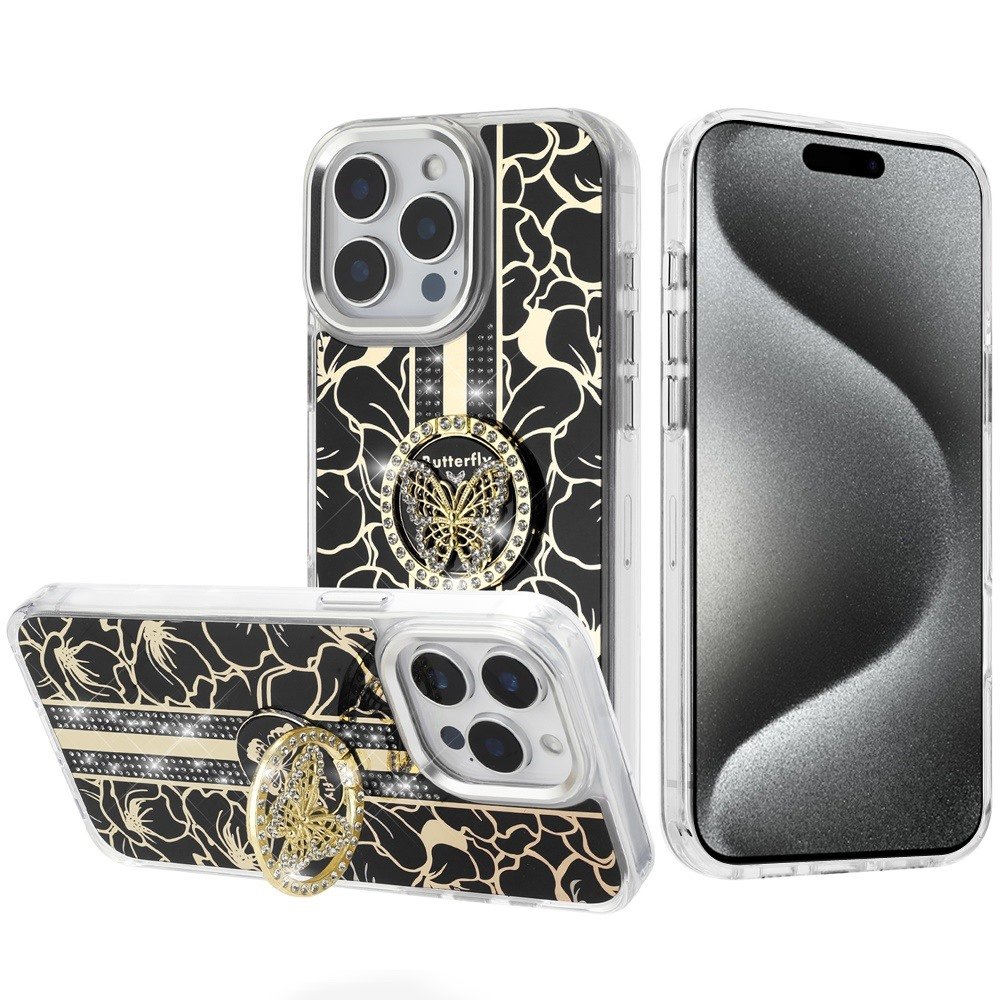 for ip15 pro max splendid floral designs with metal camera and buttons with butterfly ring stand hybrid case black