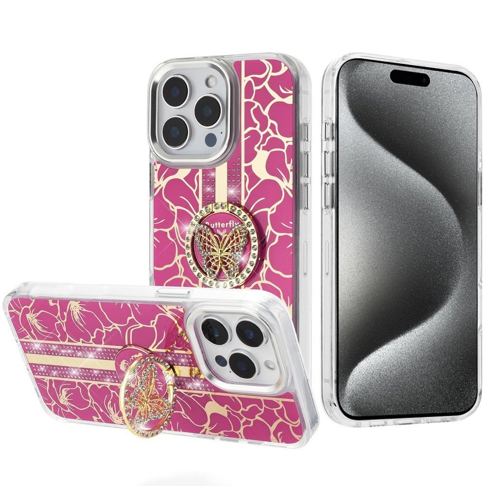 for ip15 pro max splendid floral designs with metal camera and buttons with butterfly ring stand hybrid case hot pink