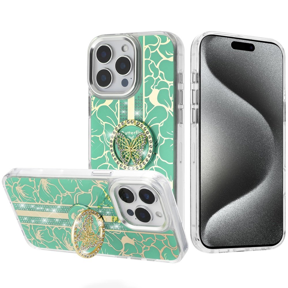 for ip15 pro max splendid floral designs with metal camera and buttons with butterfly ring stand hybrid case light green