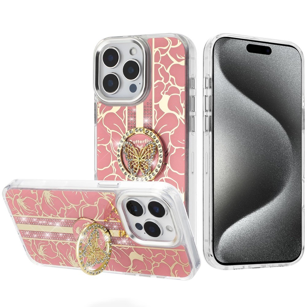 for ip15 pro max splendid floral designs with metal camera and buttons with butterfly ring stand hybrid case light pink