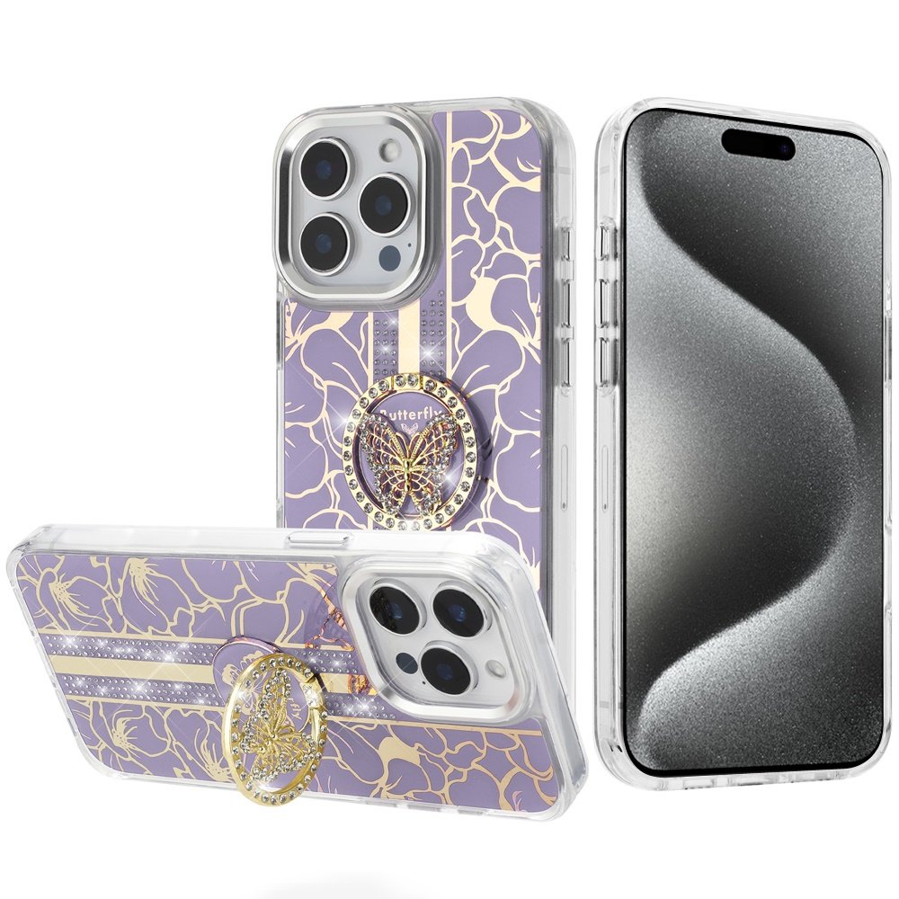 for ip15 pro max splendid floral designs with metal camera and buttons with butterfly ring stand hybrid case purple