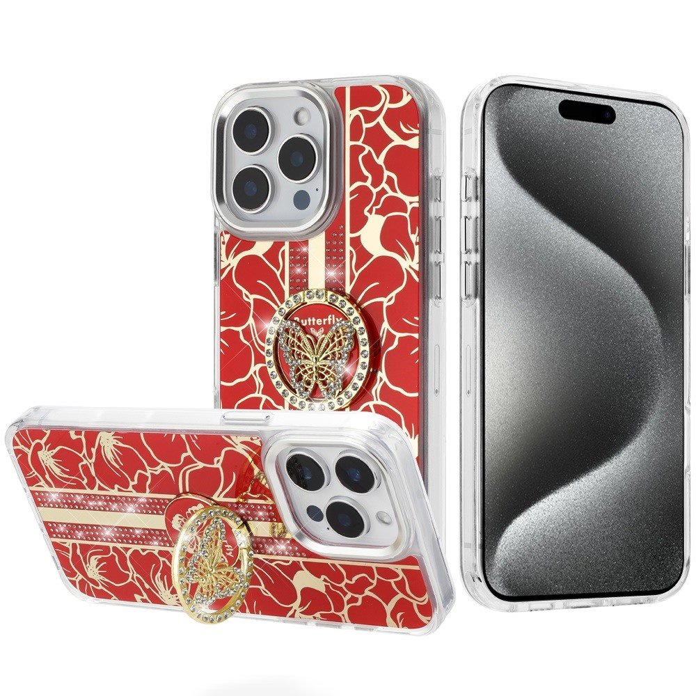 for ip15 pro max splendid floral designs with metal camera and buttons with butterfly ring stand hybrid case red
