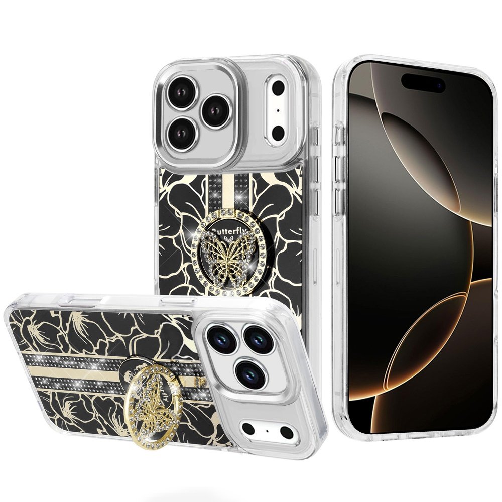 for iphone 17 pro max splendid floral designs with metal camera and buttons with butterfly ring stand hybrid case black