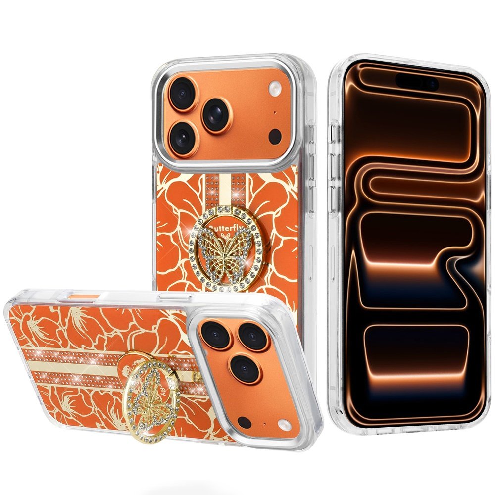 for iphone 17 pro max splendid floral designs with metal camera and buttons with butterfly ring stand hybrid case cosmic orange