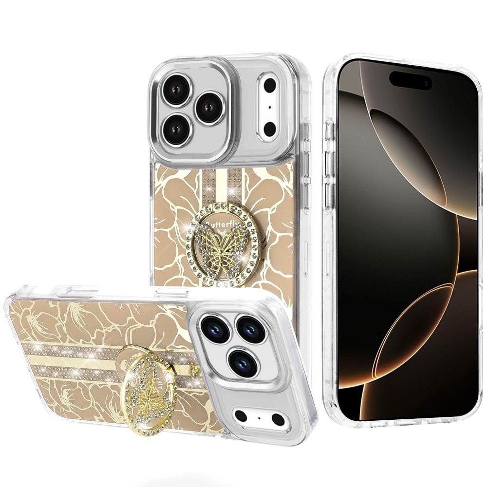 for iphone 17 pro max splendid floral designs with metal camera and buttons with butterfly ring stand hybrid case gold