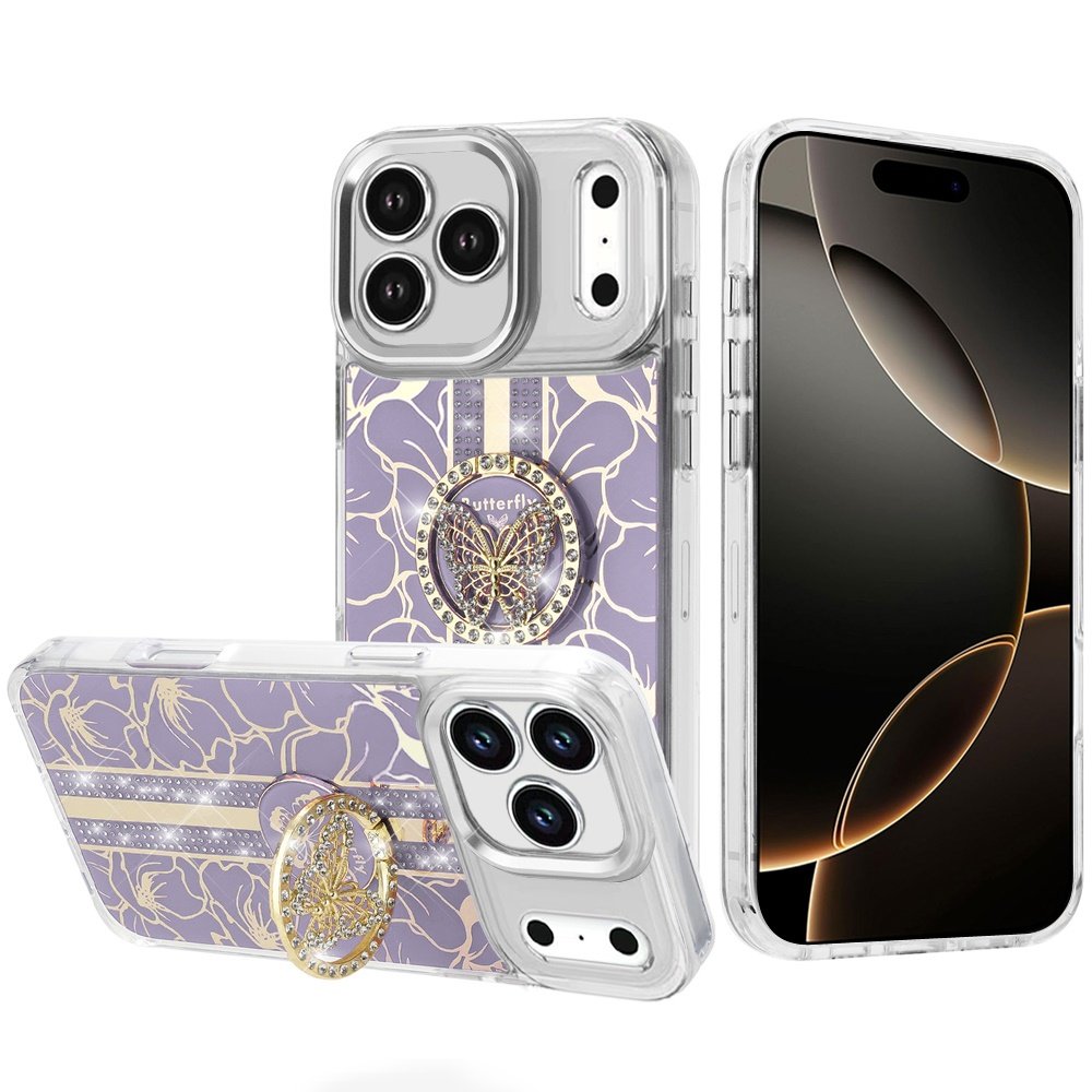 for iphone 17 pro max splendid floral designs with metal camera and buttons with butterfly ring stand hybrid case purple