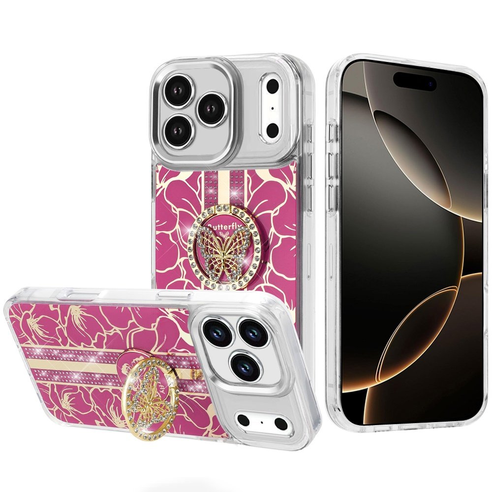 for iphone 17 pro splendid floral designs with metal camera and buttons with butterfly ring stand hybrid case hot pink