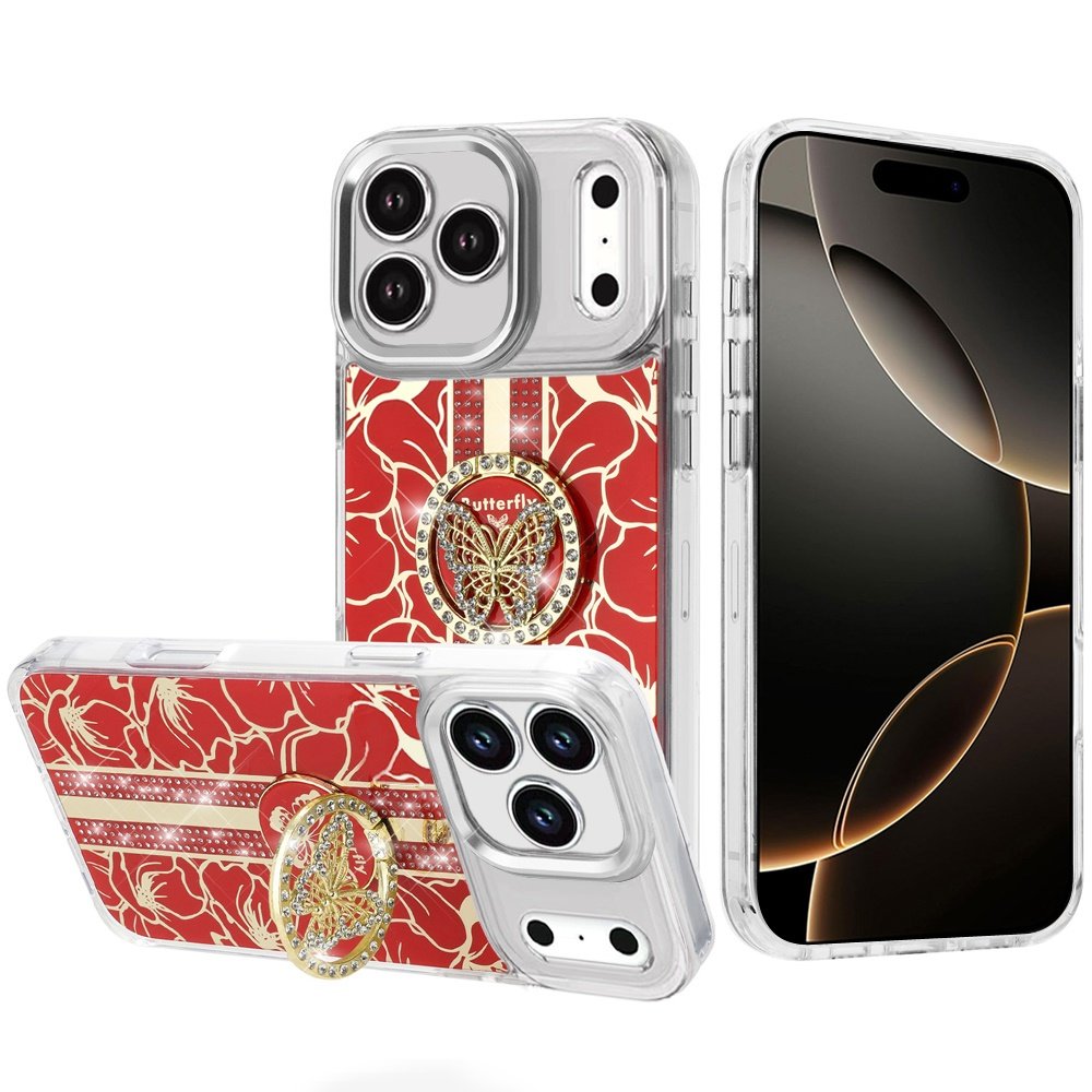 for iphone 17 pro splendid floral designs with metal camera and buttons with butterfly ring stand hybrid case red