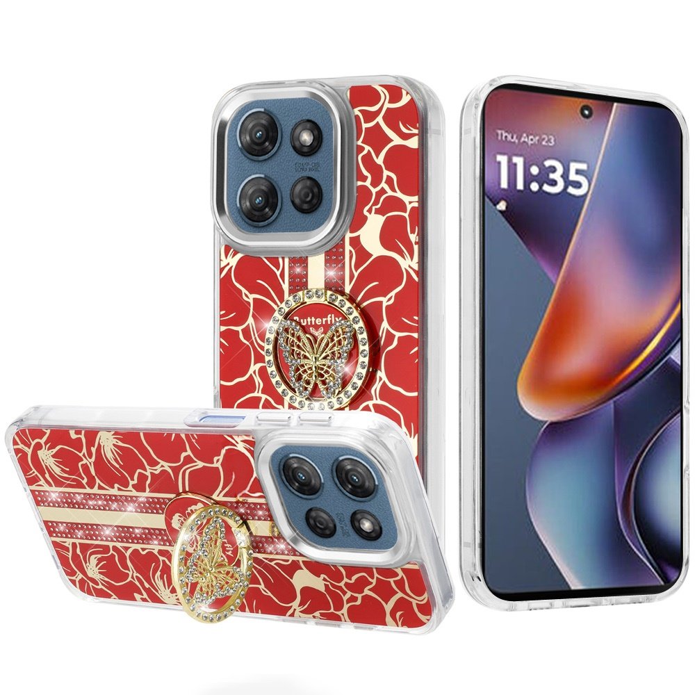 for moto g 5g 2025/2026 g play 2026 splendid floral designs with metal camera and buttons with butterfly ring stand hybrid case red